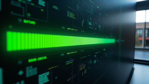 Enterprise security architecture implementation showing network monitoring dashboard with blue and green interface elements, multiple security panels, and real-time threat visualization
